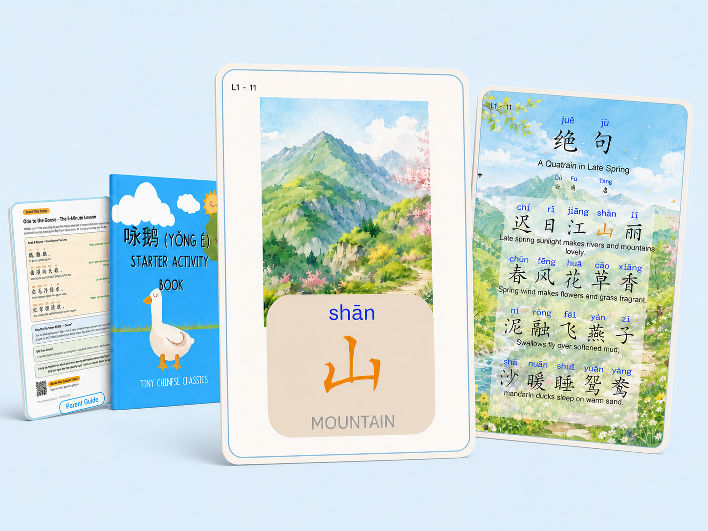 Level 1 Activity Book with Simplified Chinese Mountain word card and matching A Quatrain in Late Spring poem card